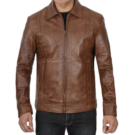 Men’s Distressed Brown Cafe Racer Leather Jacket
