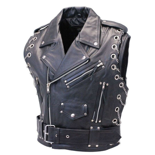 Men's Genuine Cow Leather Heavy Buckled Rocker Biker Motorcycle Vest