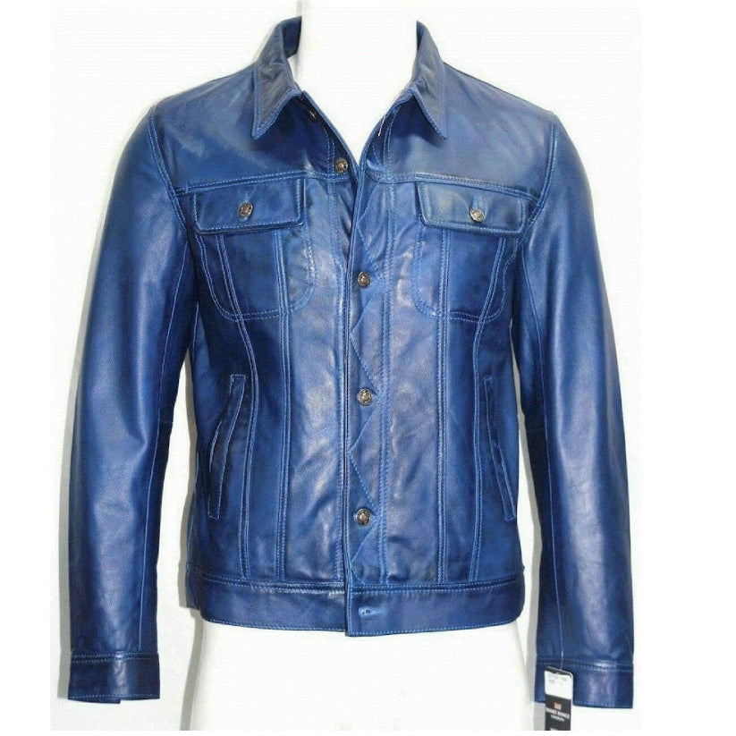 Men's Genuine Lambskin Leather Trucker Jacket Blue Biker Denim