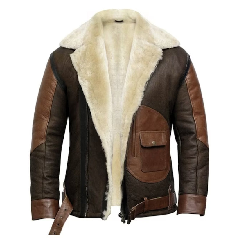 Men's Genuine Two Tone Sheepskin Leather Aviator Bomber Flying Pilot Jacket