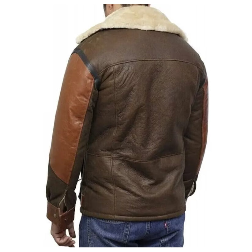 Men's Genuine Two Tone Sheepskin Leather Aviator Bomber Flying Pilot Jacket