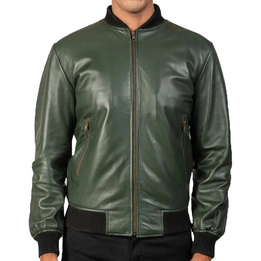 Men's Green Leather Motorcycle Bomber Jacket