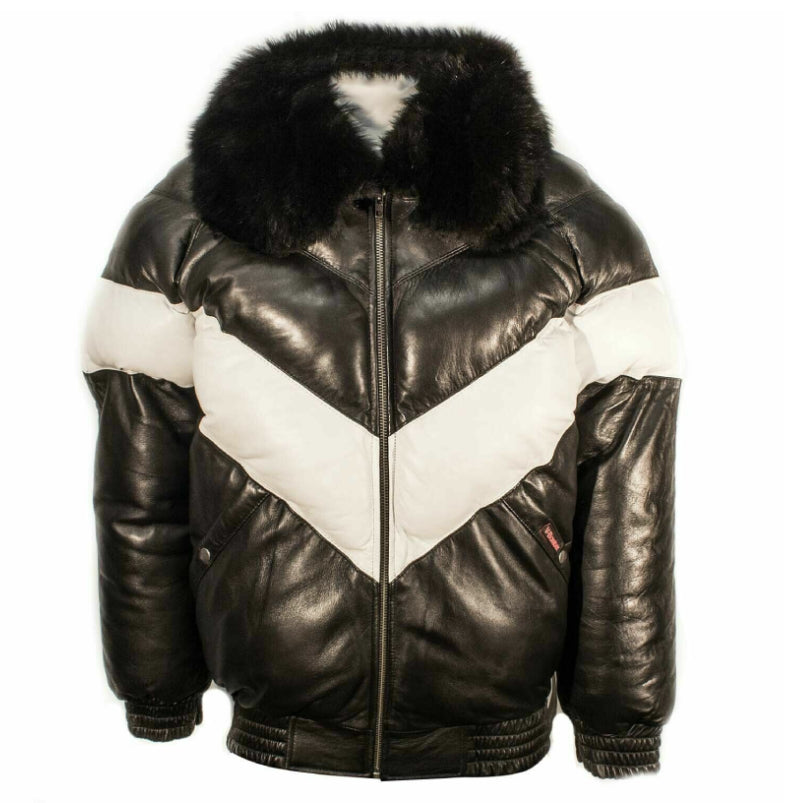 Men's Leather V Bomber Black White Jacket