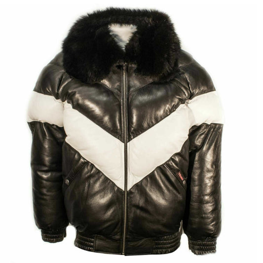 Men's Leather V Bomber Black White Jacket