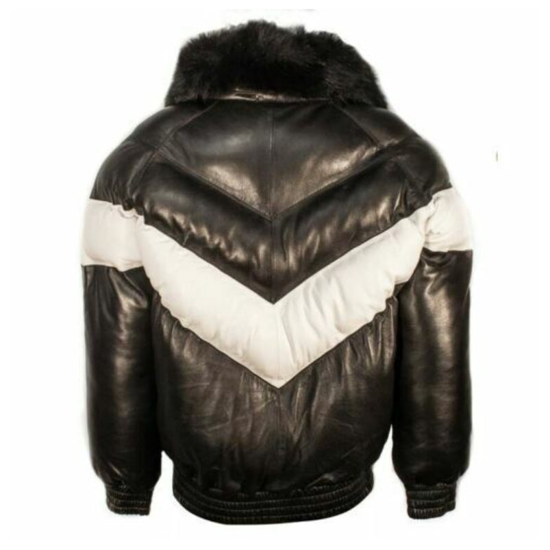 Men's Leather V Bomber Black White Jacket