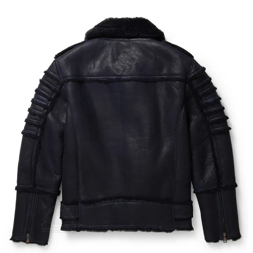 Men's Navy Genuine Sheep Skin Shearling Moto Jacket