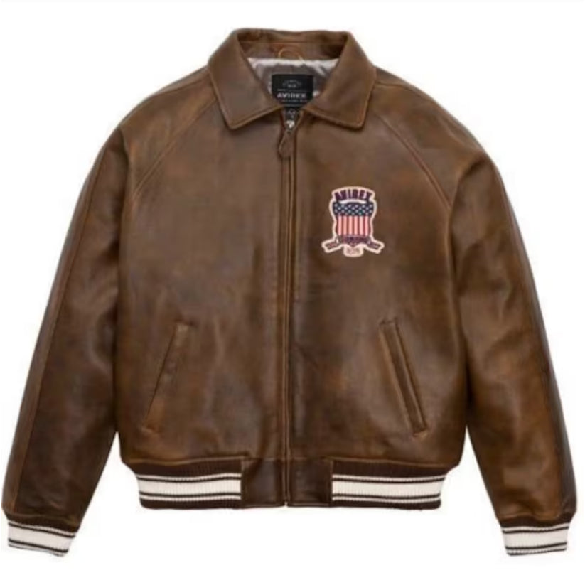Men's New Avirex Brown Real Bomber Flight Jacket Leather Jacket