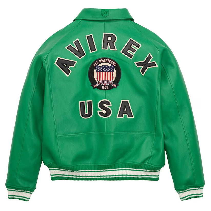 Men's New Avirex Green Real Bomber American Flight Jacket Leather Jacket