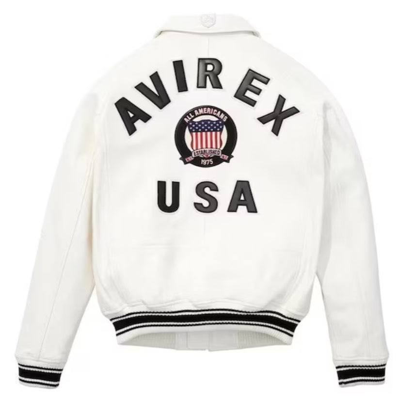 Men's New Avirex White Real Bomber American Flight Jacket Leather Jacket