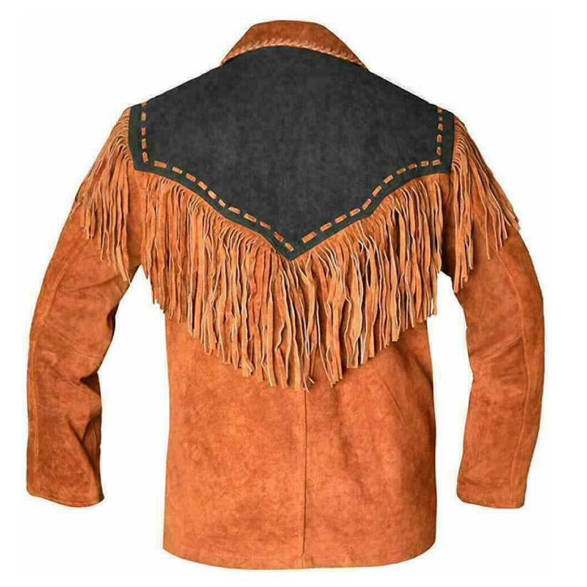 Men's New Cowboy Suede Leather Western Jacket With Fringe And Beads