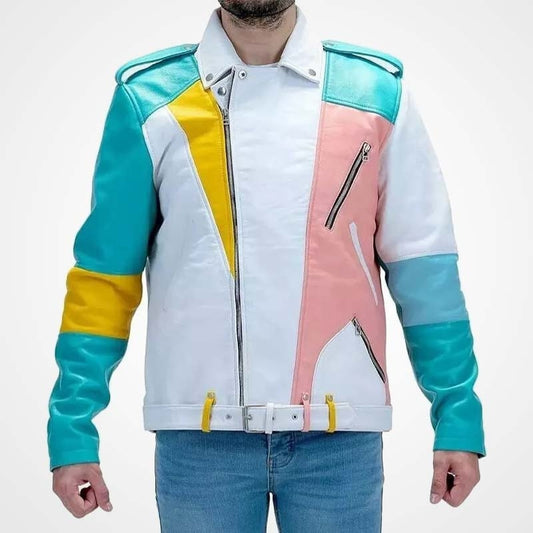Men’s Pastel Color block Leather Moto Jacket