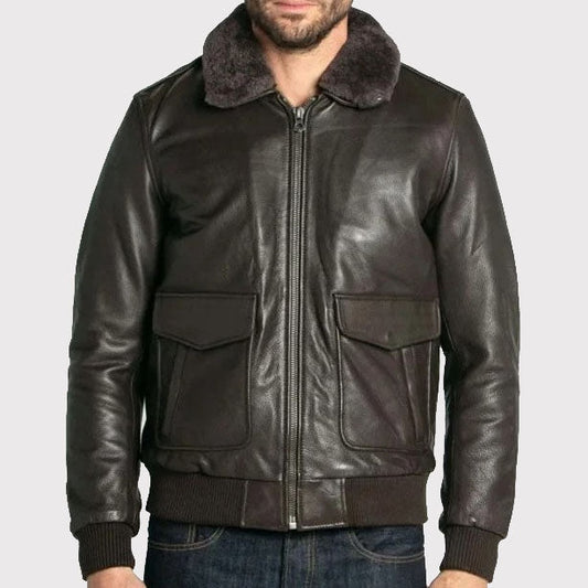 Men’s Premium Brown Cowhide Leather Aviator Bomber Jacket