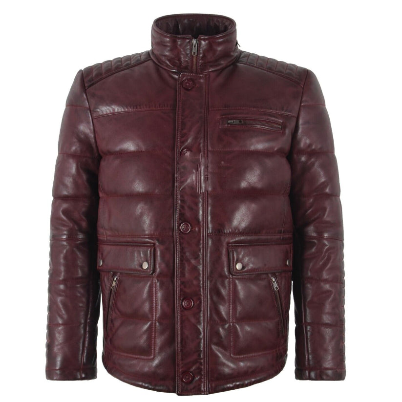 Men's Puffer Real Leather Jacket Oxblood Casual Sport Fully Quilted Style Jacket