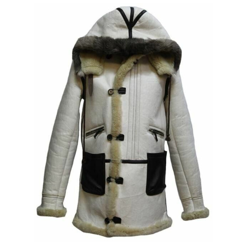 Men`s RAF Trench Coat White Real Sheepskin Shearling