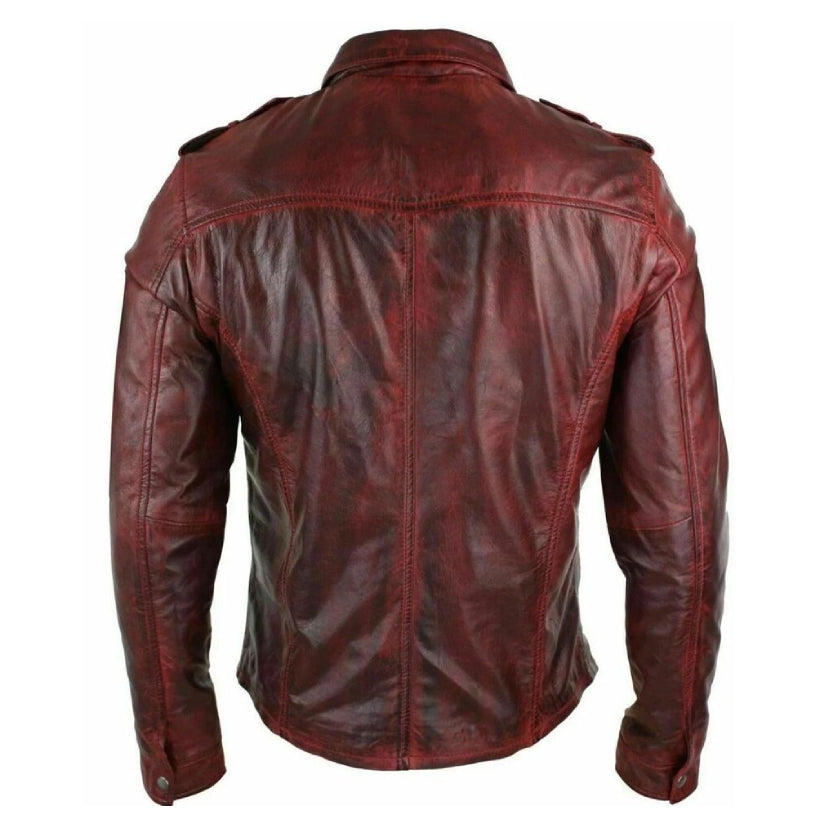 Men's Real Burgundy Lambskin Genuine Leather Shirt Stylish Biker Jacket Shirt