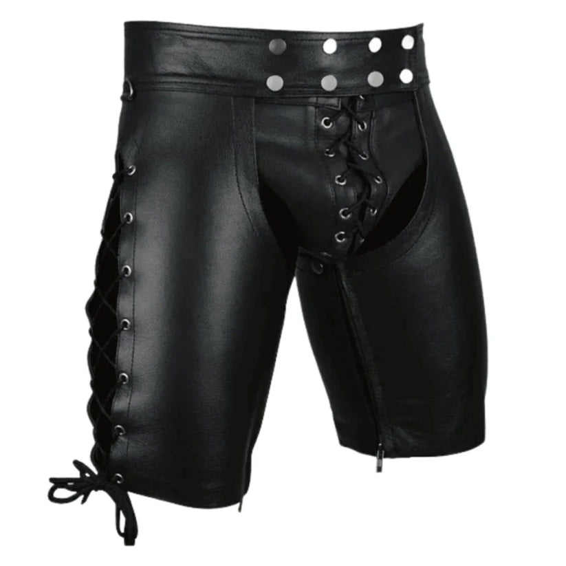 Men's Real Leather Black Shorts Clubwear and Party Wear Side Laces Chaps Shorts