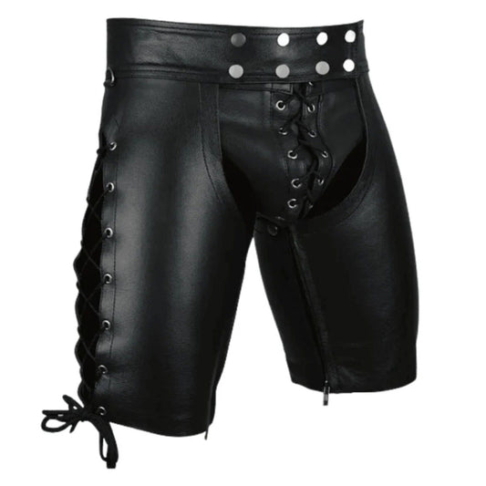 Men's Real Leather Black Shorts Clubwear and Party Wear Side Laces Chaps Shorts
