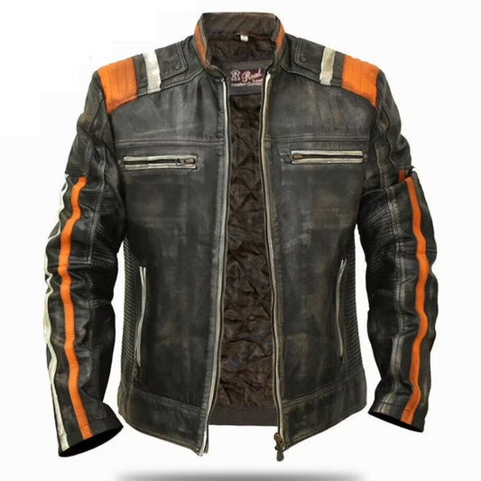 Men's Retro 3 Cafe Racer Biker Vintage Motorcycle Distressed Real Leather Jacket