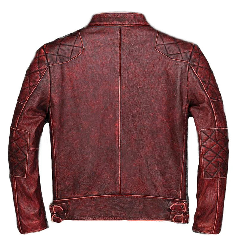 Men's Slim Fit Distressed Red Motorcycle Leather Jacket