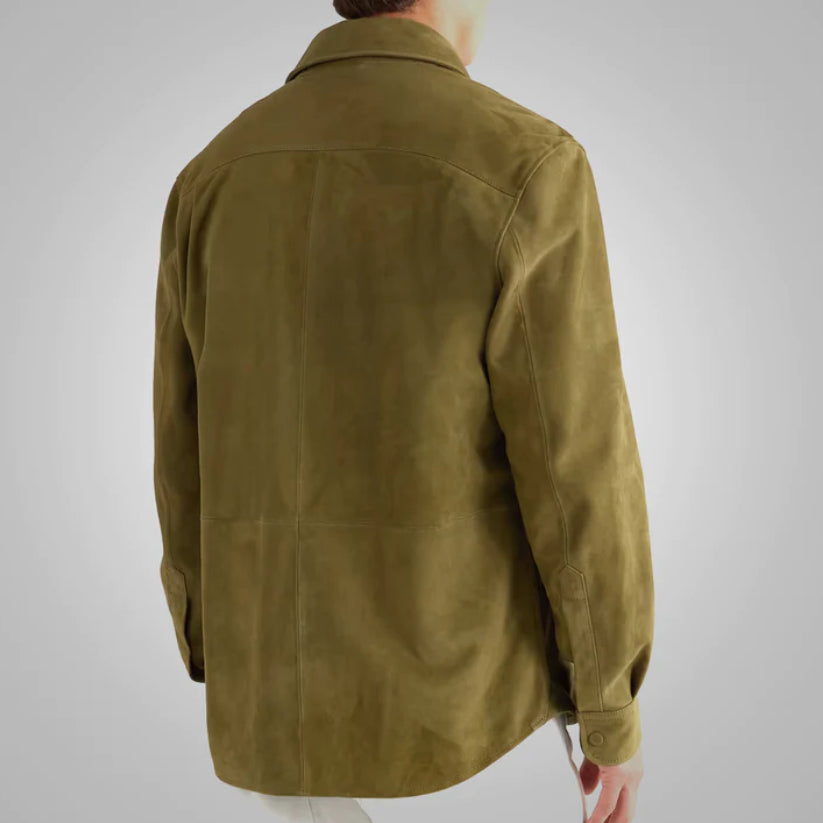 Men's Suede Green Full Sleeves Leather Shirt
