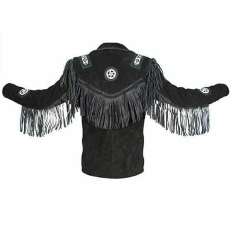 Men's Suede Western Cowboy Leather Jacket With Fringe & Bead Work Black