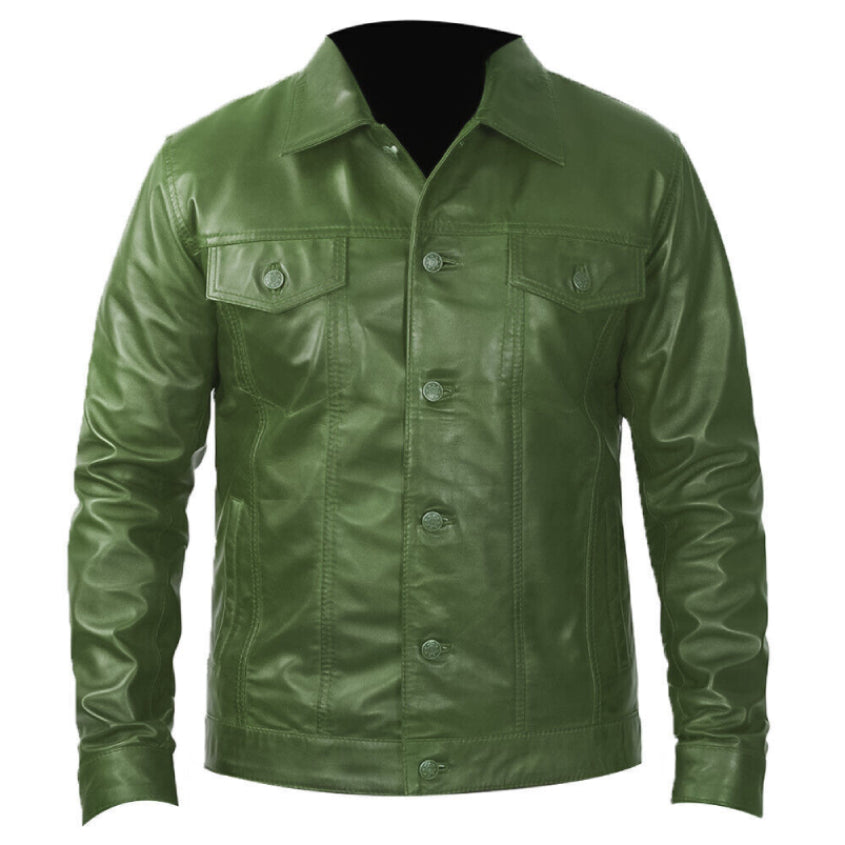 Men's Trucker Cowboy Jacket Halloween Green Lambskin Leather Soft Button