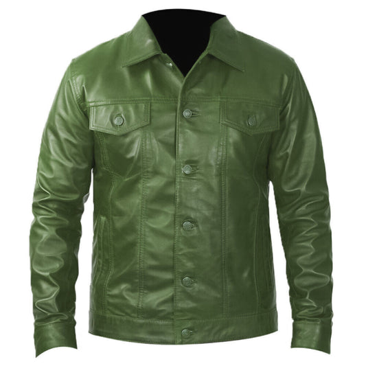 Men's Trucker Cowboy Jacket Halloween Green Lambskin Leather Soft Button