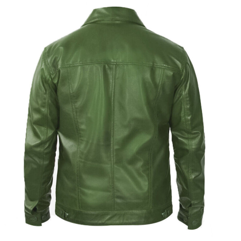 Men's Trucker Cowboy Jacket Halloween Green Lambskin Leather Soft Button