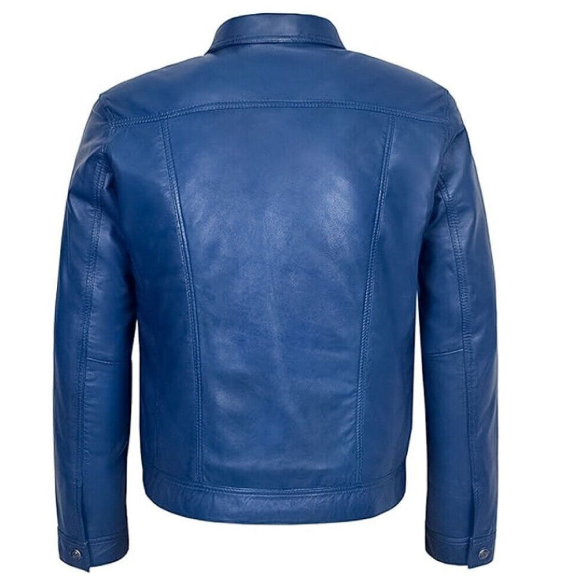 Men's Trucker Jacket Blue American Western Style Genuine Lambskin Leather