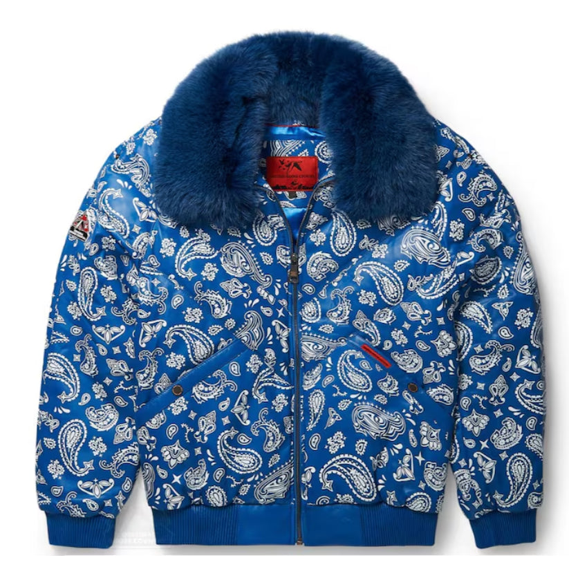 Men's V-Bomber Blue Print Leather Jacket