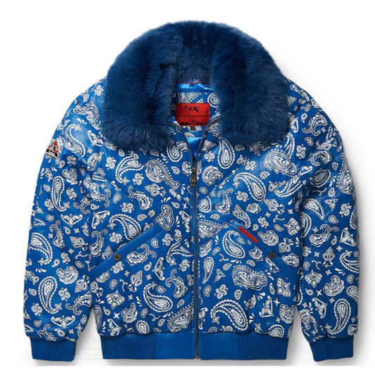 Men's V-Bomber Blue Print Leather Jacket
