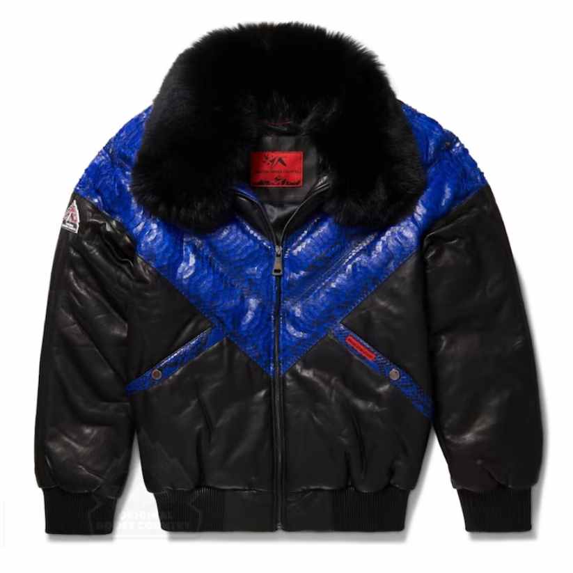 Men's V-Bomber Blue Python Skin Leather Jacket
