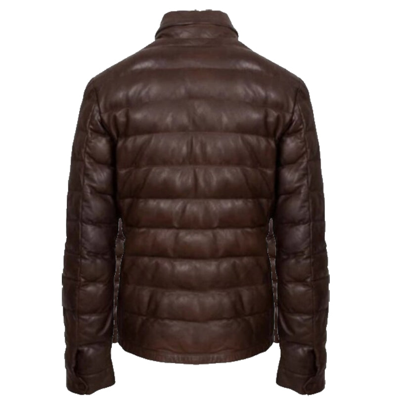 Men's Vintage Dark Brown Leather Puffer Jacket