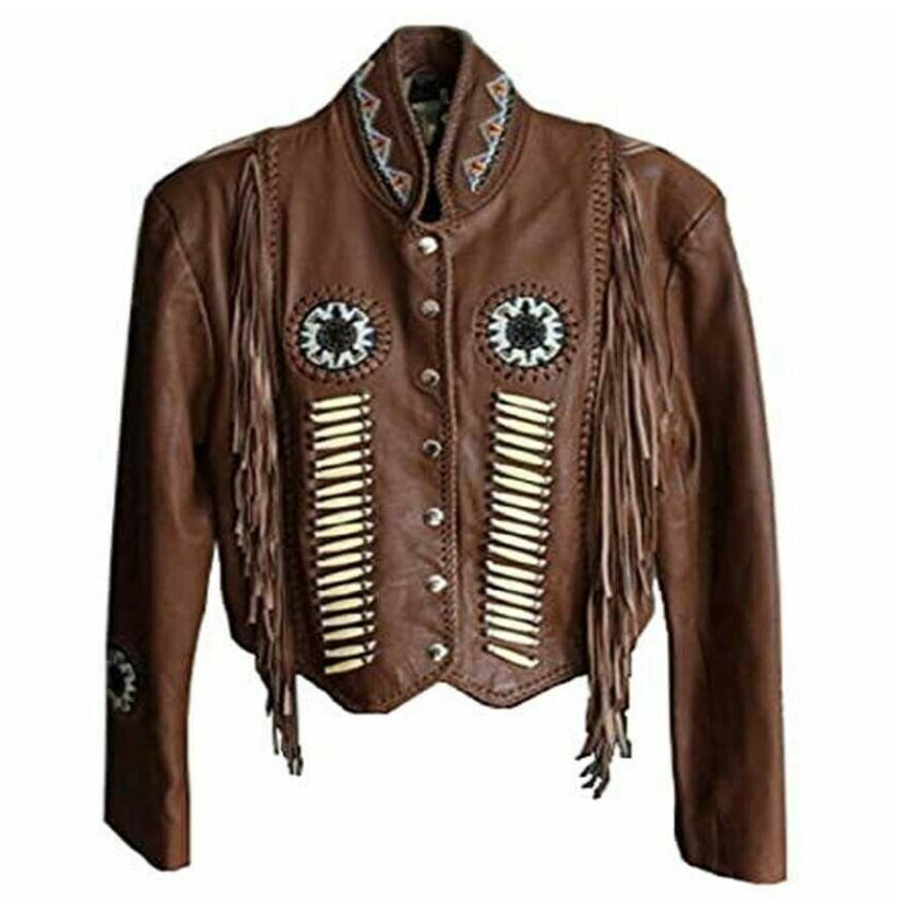 Men's Western Cowboy Dark Brown Leather Hunter Style With Fringe Jacket