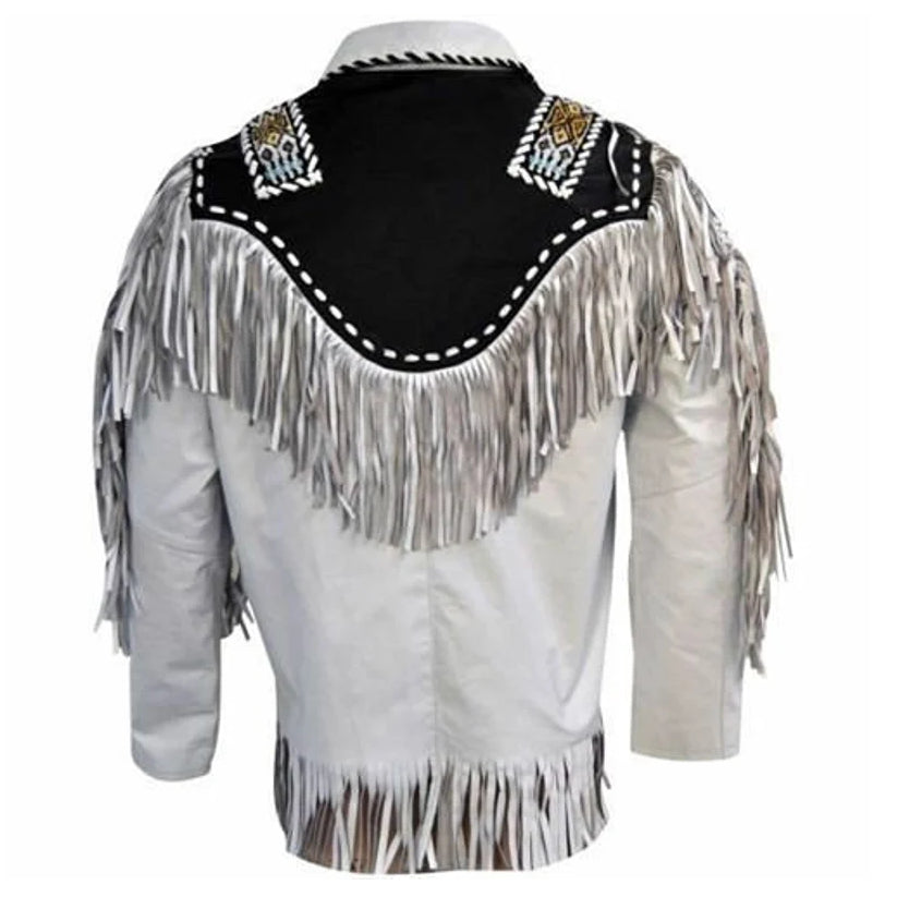 Men's Western Cowboy Leather Jacket with Fringes & Beads