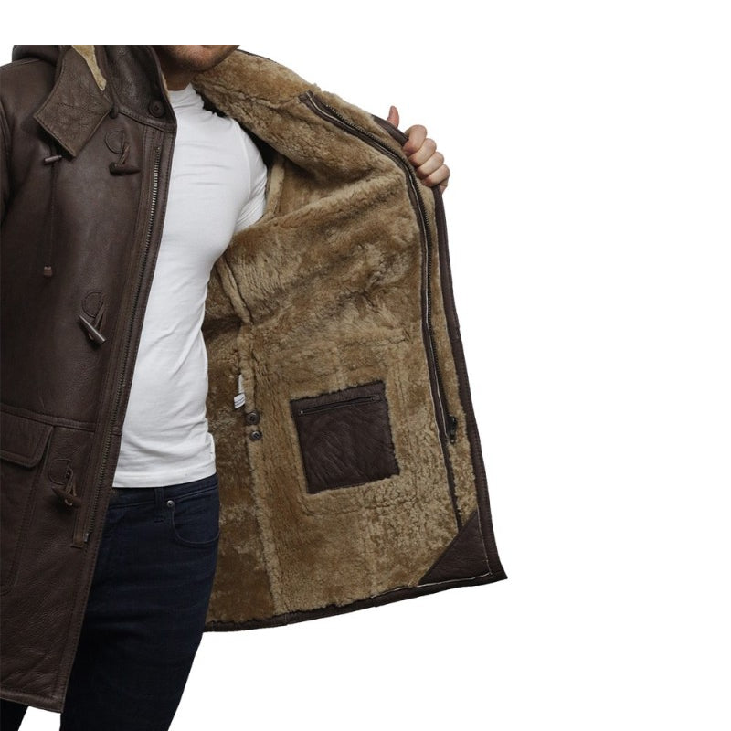 Men's leather shearling sheepskin duffle coat
