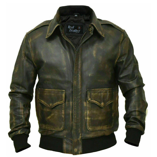 Mens Aviator A-2 Real Leather Vintage Black Distressed Bomber Flight Jacket