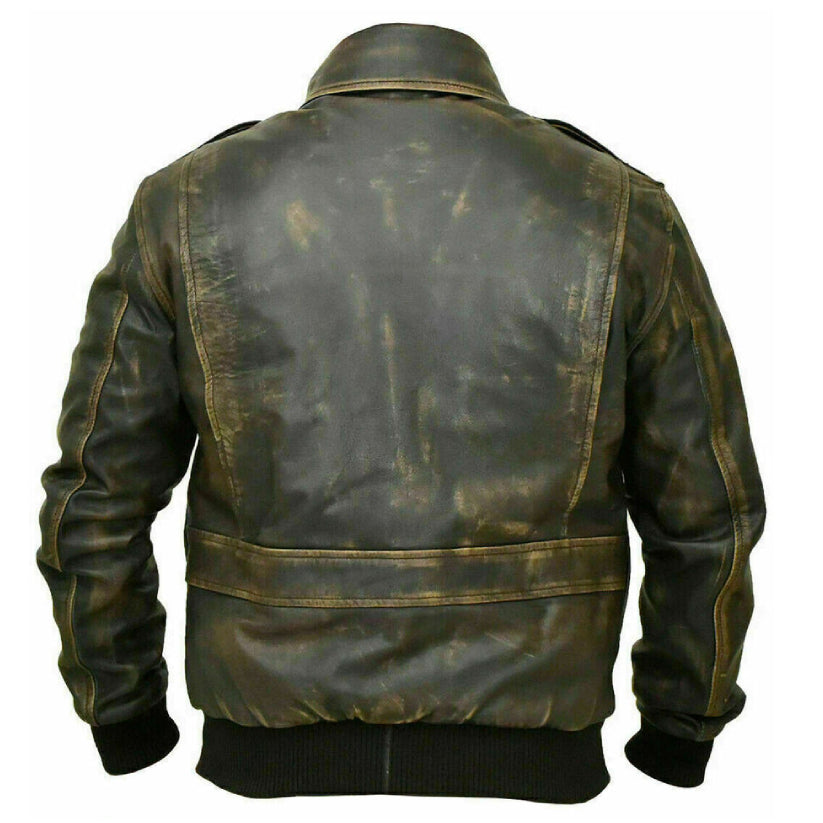 Mens Aviator A-2 Real Leather Vintage Black Distressed Bomber Flight Jacket
