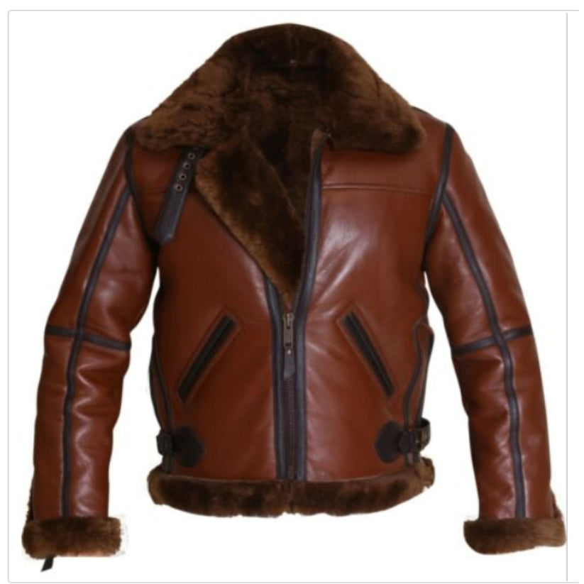 Mens Aviator RAF B3 Fur Shearling Leather Bomber Flying Jacket Coat