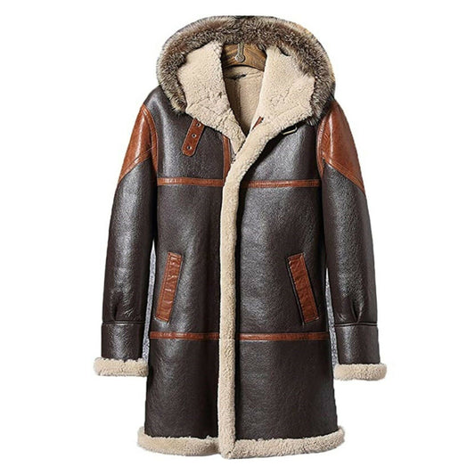 Mens B3 Bomber Flying Flight RAF Aviator Coat Fur Shearling Long Trench Coat