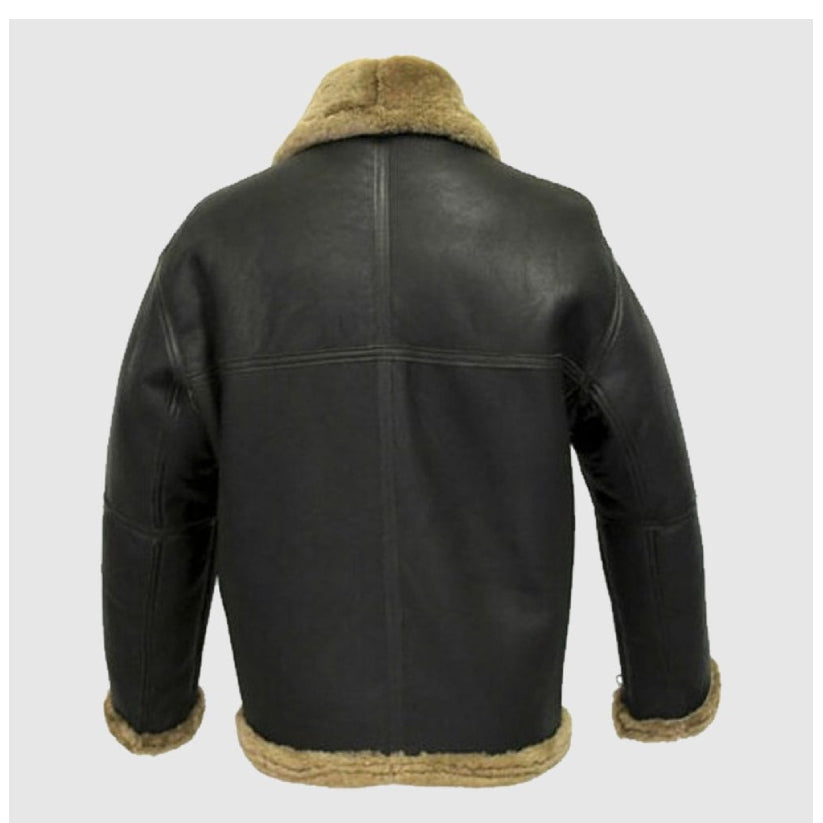 Mens B3 Bomber Pilot Real Sheepskin Shearling Black Leather Jacket