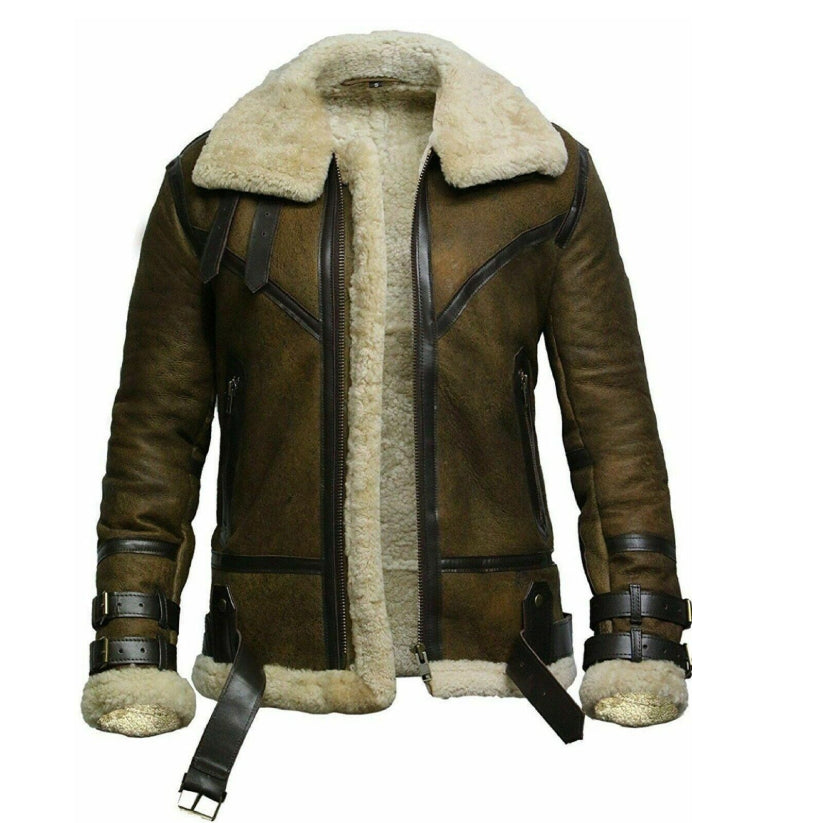 Mens B3 RAF Aviator Flying Pilot FUR Shearling Green Real Sheep Leather Jacket