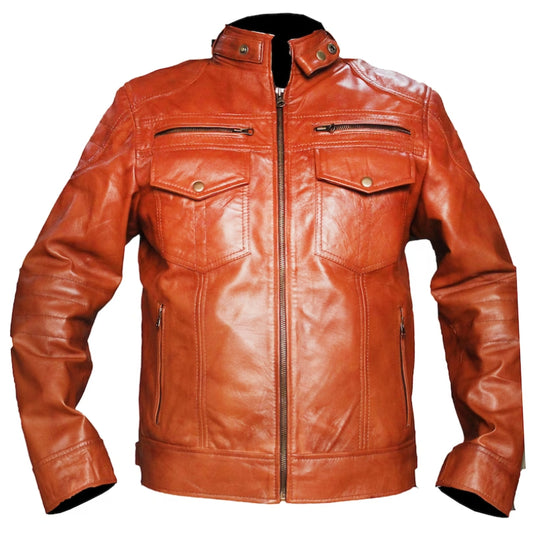 Mens Biker Distress Brown Leather Jacket