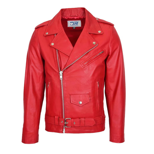 Mens Biker Real Leather Jacket Red