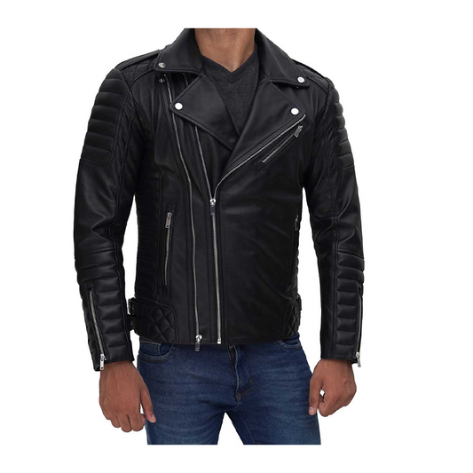 Mens Biker Style Quilted Asymmetrical Black Leather Jacket