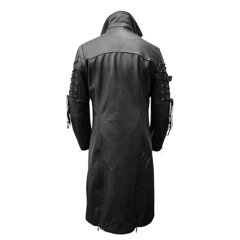 Mens Black Genuine Leather Trench Coat