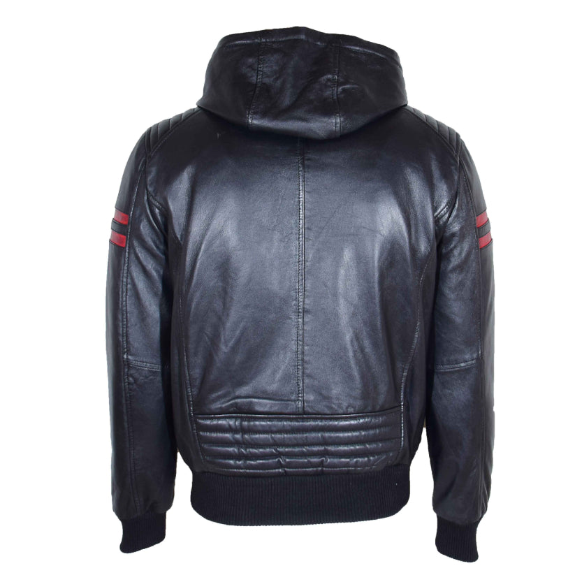 Mens Black Leather Bomber Jacket Hooded