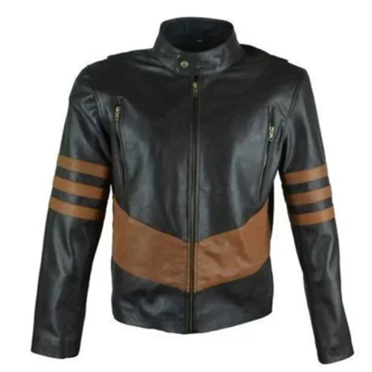 Mens Black Leather Brown Striped Jacket