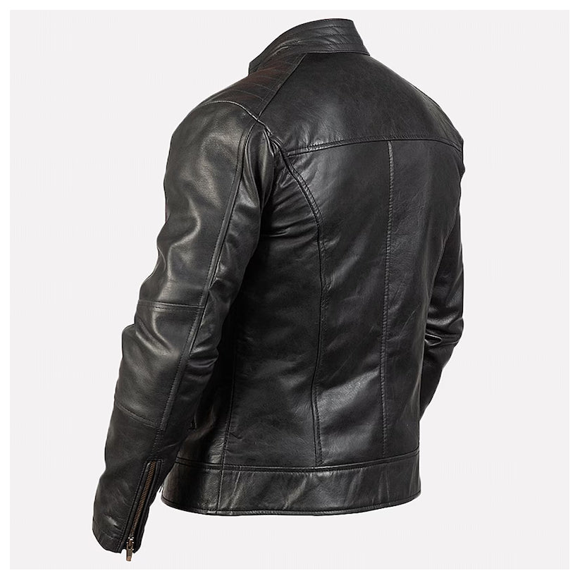 Mens Black Leather Cafe Racer Motorcycle Jacket