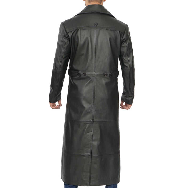 Mens Black Leather Trench Coat